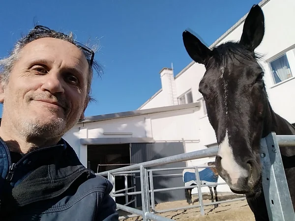Fahrer macht ein Selfie mit einem Pferd